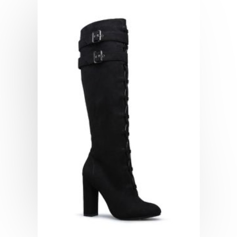 Shoe Dazzle Sleek Black Buckle Heeled Boots